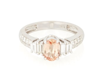 An 18K White Gold, Padparadascha Sapphire and Diamond Ring