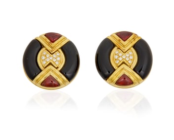 A Pair of 18K Gold, Gem-Set and Diamond Earrings