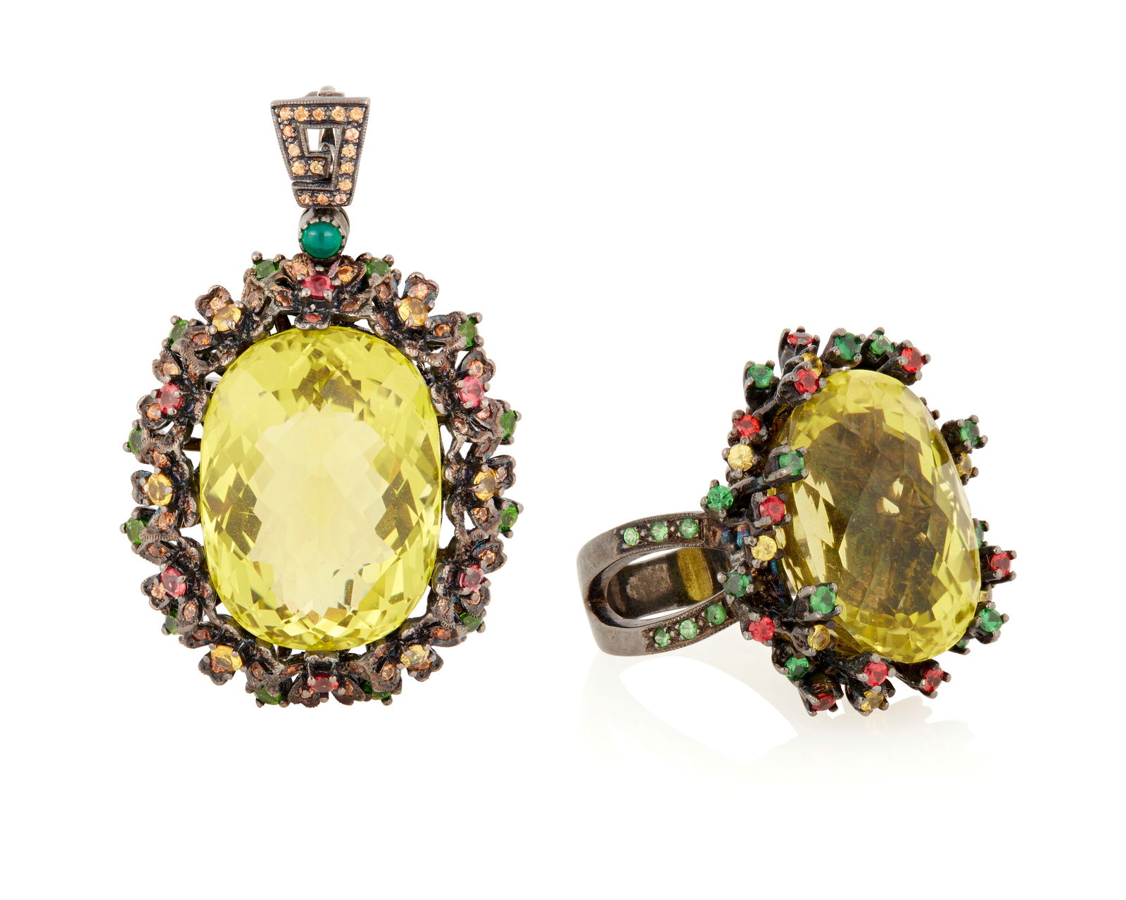 A Blackened Silver, Lemon Quartz and Gem-Set Pendant and Ring Set: A Blackened Silver, Lemon Quartz and Gem-Set Pendant and Ring SetFeaturing two large oval checkerboard-cut lemon quartz, accented by tsavorite and demantoid garnets, garnet and topaz2 piecesRing: 8 1/