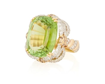 A Platinum, 18K Gold, Green Tourmaline and Diamond Ring