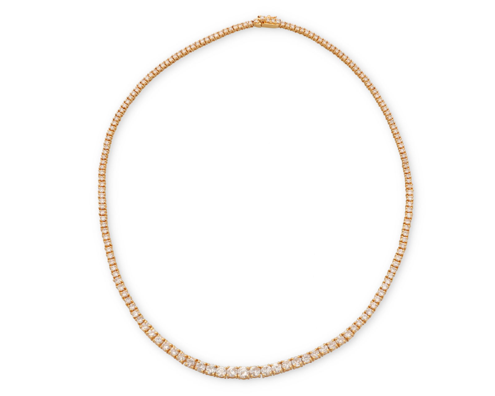 An 18K Gold and Diamond Necklace: An 18K Gold and Diamond NecklaceFeaturing graduated round diamonds weighing approximately 10.00 caratsLength: 18 in.23.7 grams grossProperty of a Southern California Lady