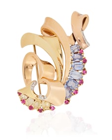 Trabert & Hoeffer- Mauboussin: A Tri-Color Gold, Gem-Set and Diamond Clip/Brooch