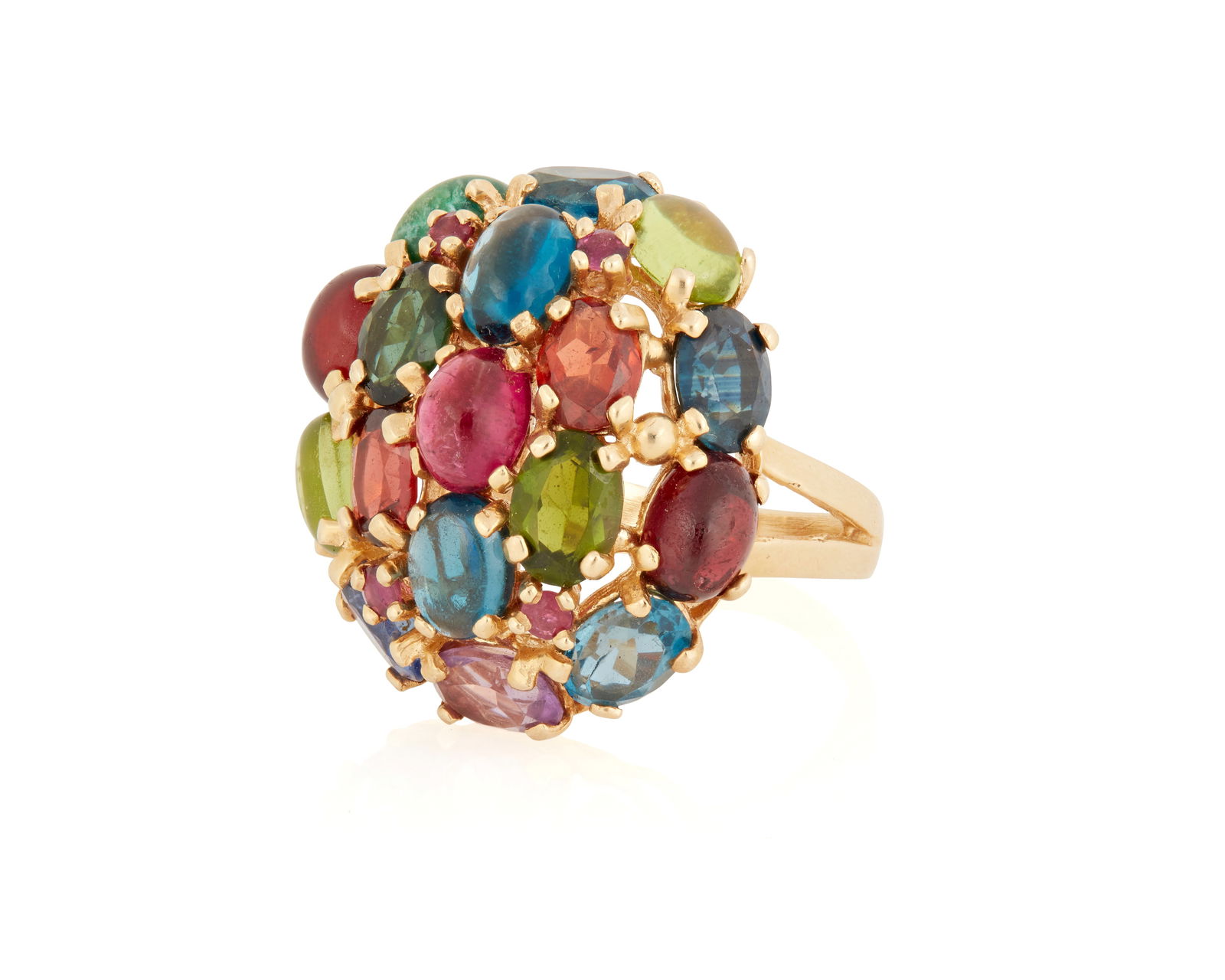 A 14K Gold and Gem-Set Ring: A 14K Gold and Gem-Set RingFeaturing oval blue, green and pink tourmaline, garnet, amethyst, sapphire, peridot and amazonite all set in an oval domed designSize: 7 1/212.5 grams gross