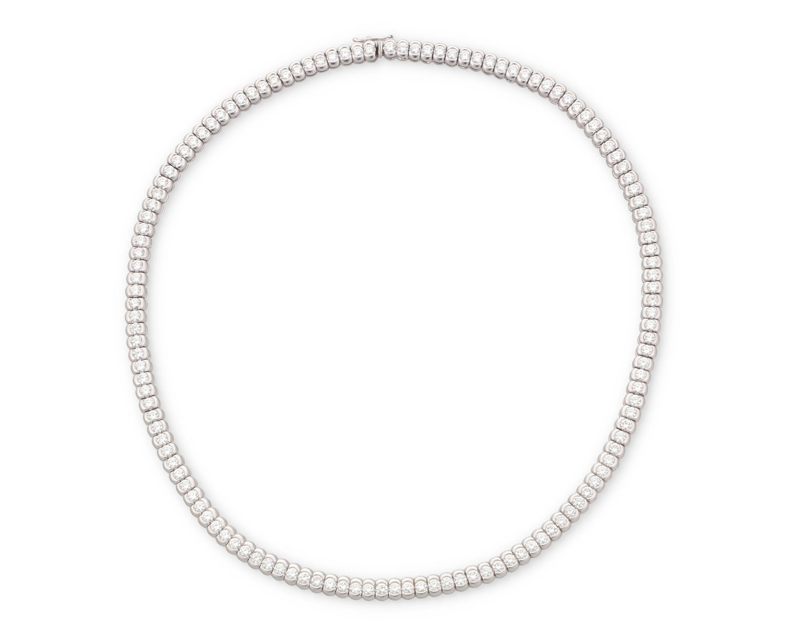 An 18K White Gold and Diamond Necklace: An 18K White Gold and Diamond NecklaceFeaturing one hundred and thirty diamonds in a half bezel design weighing approximately 13.00 caratsLength: 16 in.52.7 grams gross
