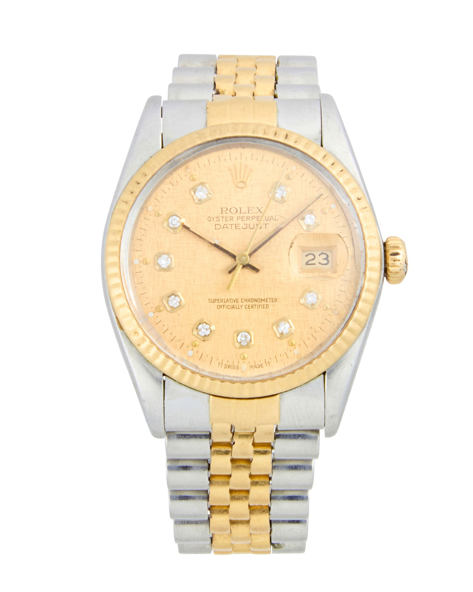 Rolex: A Stainless-Steel and Gold 'Datejust' Watch: Rolex: A Stainless-Steel and Gold 'Datejust' WatchDial: 30.00 mm, round gold dial with diamond set hour markersModel: DatejustCase: 36.00 mm, with a fluted gold bezelCase number:†455Closure: stainle