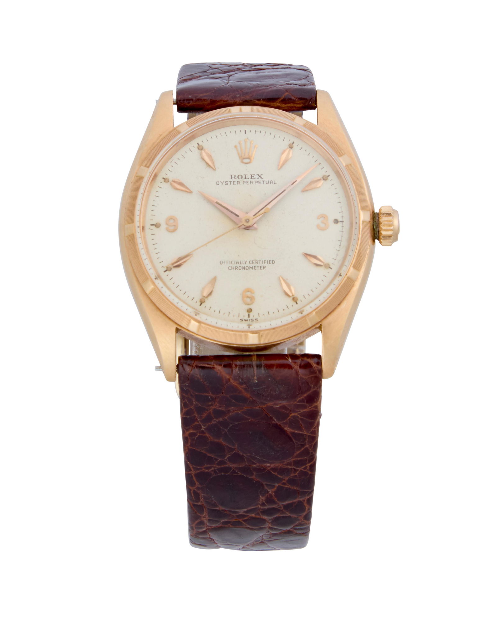 Rolex: An 18K Gold 'Oyster Perpetual' Watch: Rolex: An 18K Gold 'Oyster Perpetual' WatchDial: 28.00 mm round with Panerai hour markersModel: Oyster PerpetualCase: 35.00Case number:† 270.6.48, 1431500 serialClosure: brown leather strap with pla