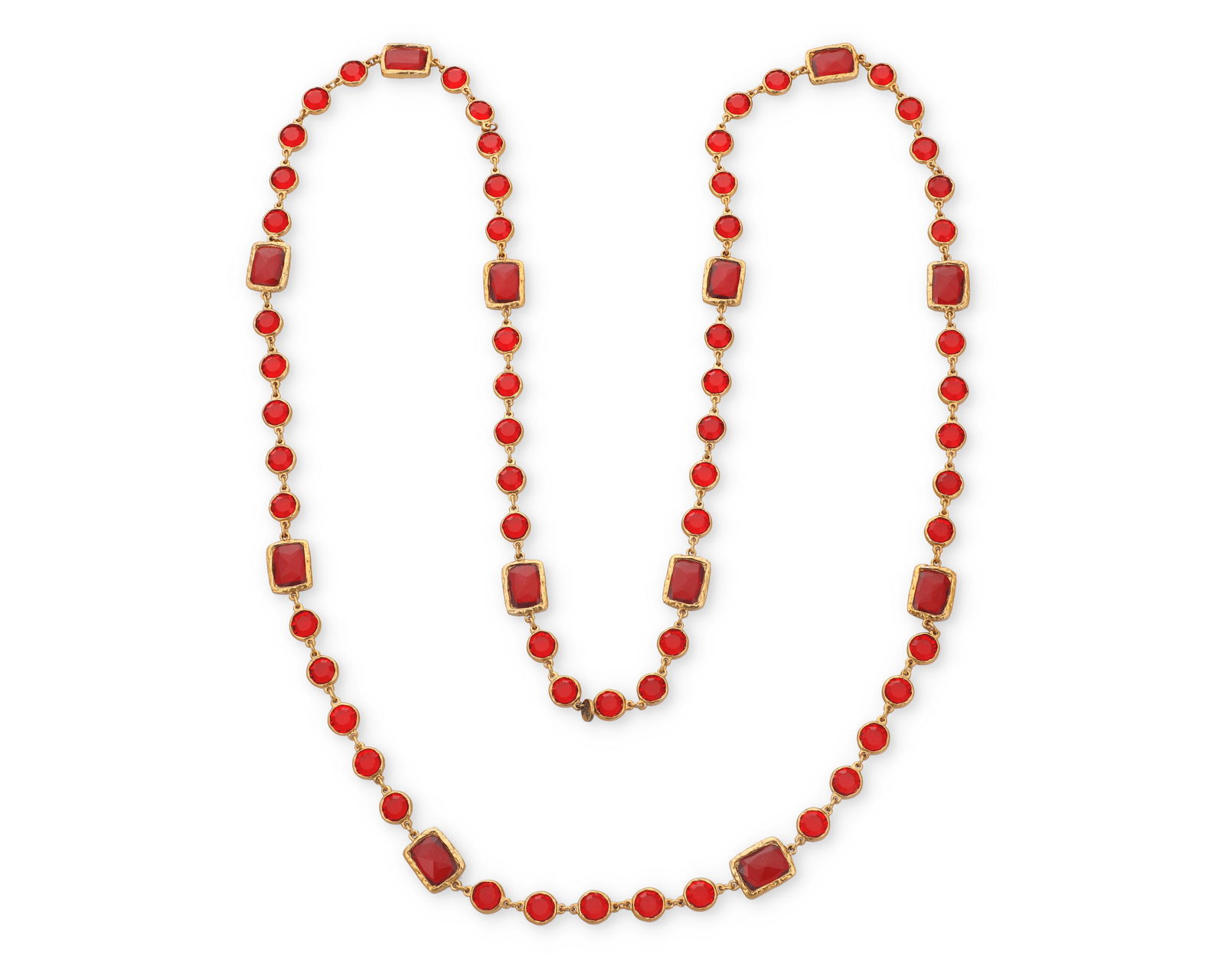CHANEL: A Gold Tone and Red Glass 'Chicklet' Necklace, 1981 (1 of 2)