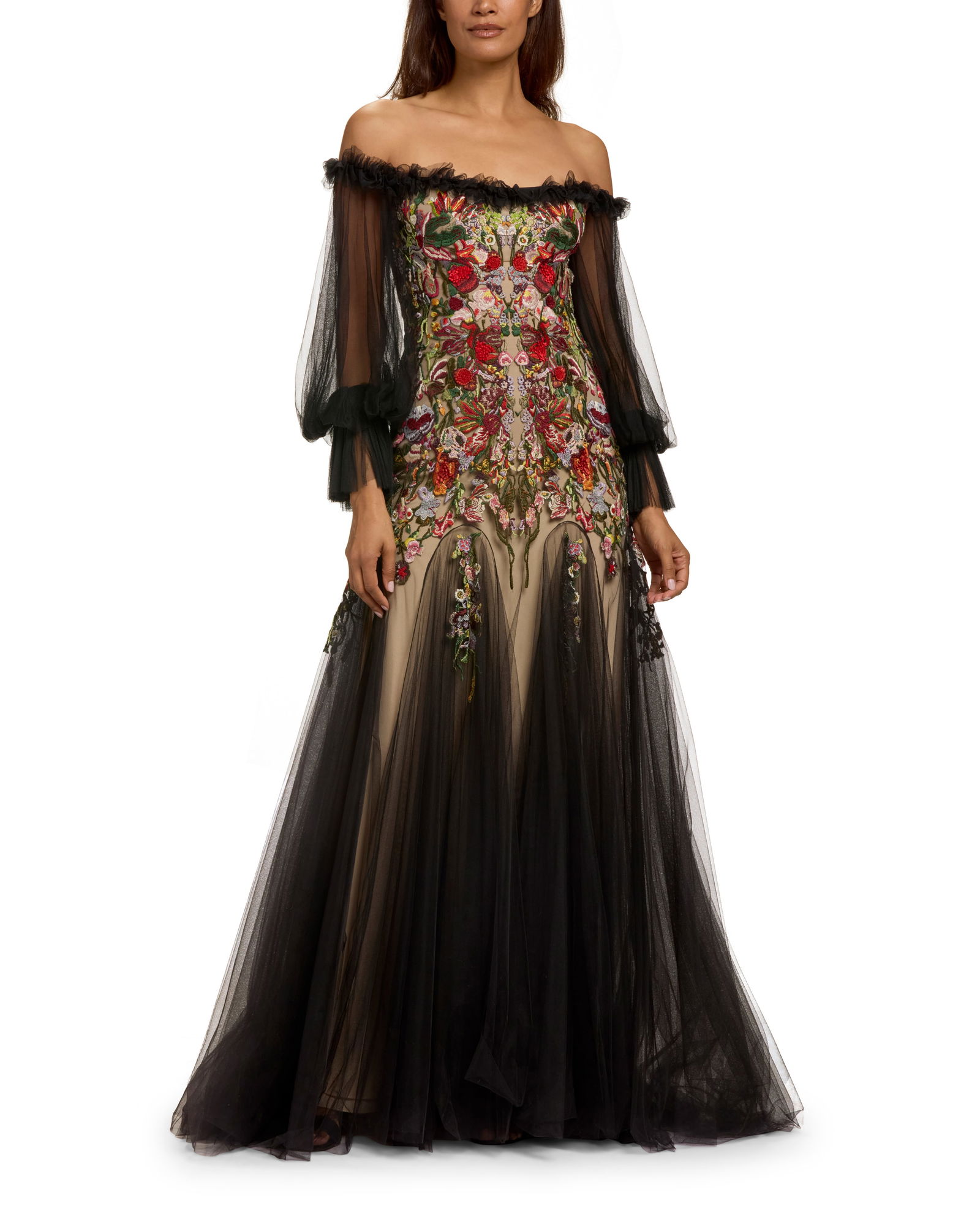 Alexander McQueen: A Black Tulle Gown with Floral Embroidery, 2012: Alexander McQueen: A Black Tulle Gown with Floral Embroidery, 2012Circa 2012, ItalyLabel: Alexander McQueen / Made in ItalyA long dress in black tulle with multicolored floral and red ribbon embroider