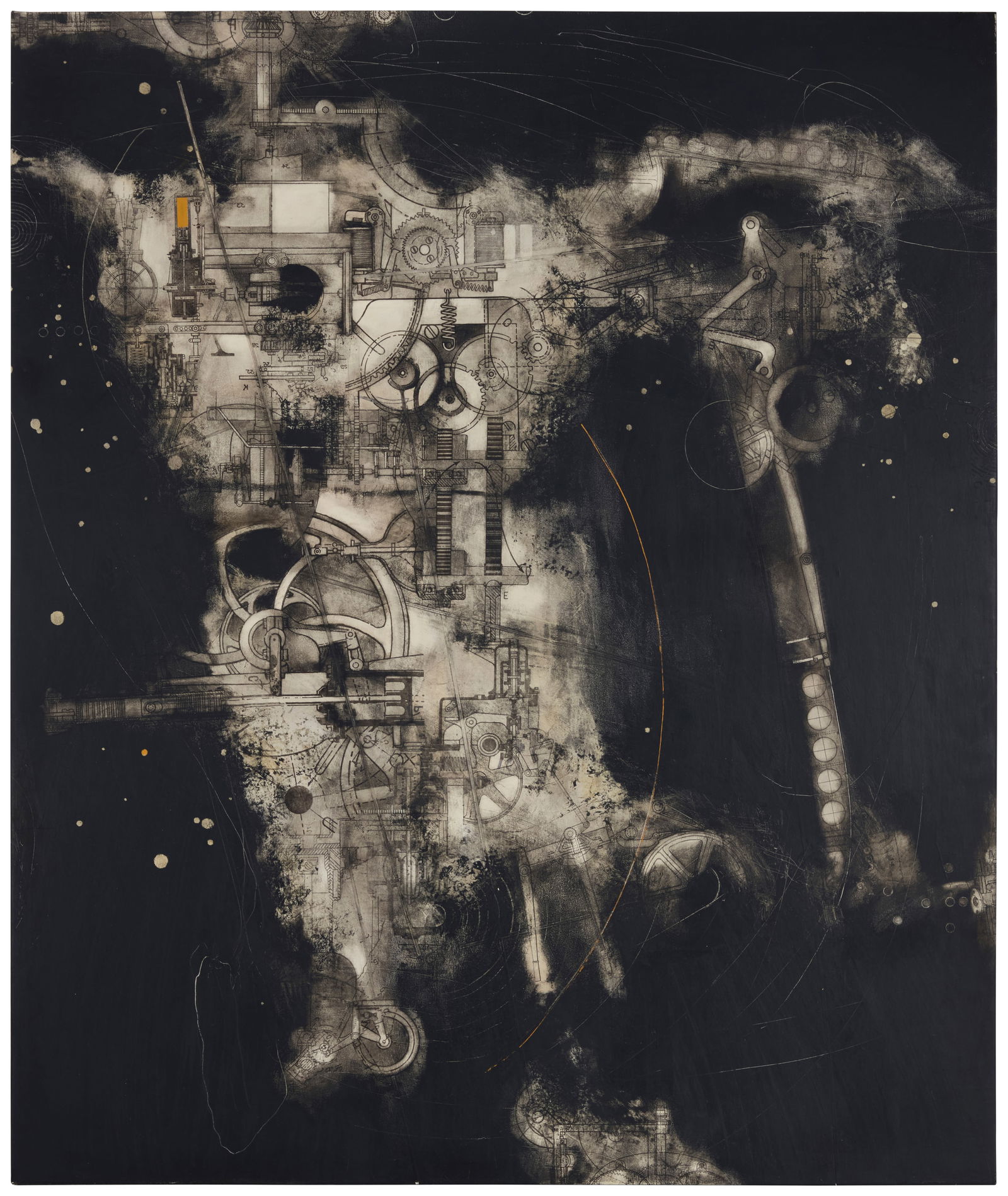 Babak Emanuel (b. 1966), "Celestial Leap I": Babak Emanuel(b. 1966)"Celestial Leap I"Ink, paraffin, graphite drawing, and collage on canvasSigned, titled, and inscribed "EMAABY5383 I," all verso: Babak Emanuel63" H x 53" W Other Notes: