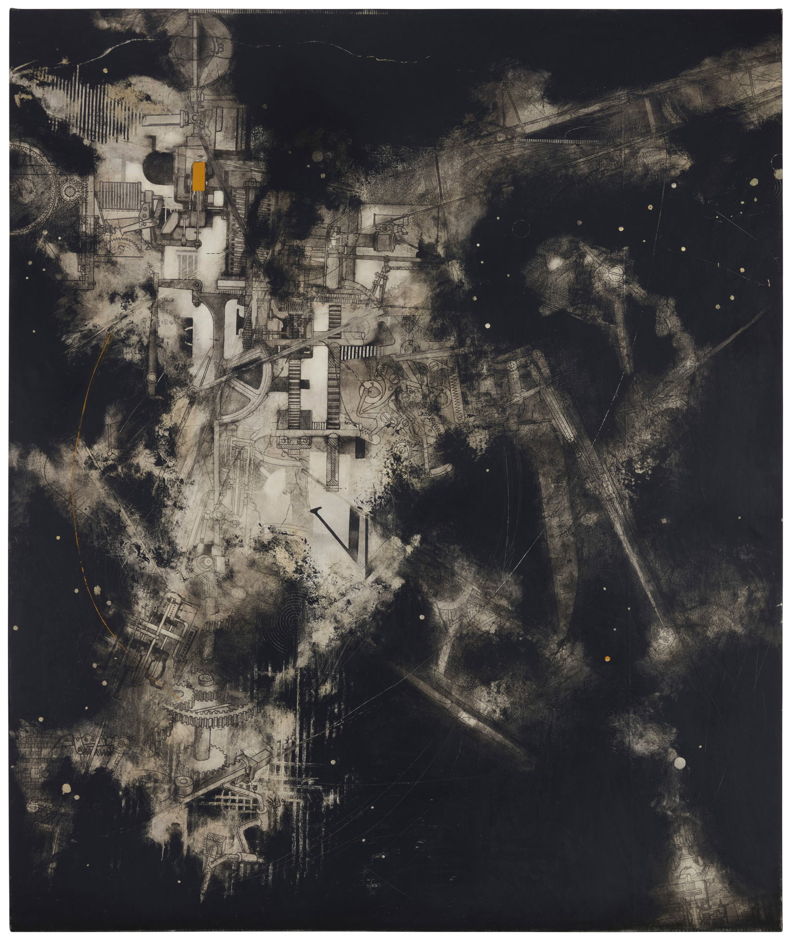 Babak Emanuel (b. 1966), "Celestial Leap II": Babak Emanuel(b. 1966)"Celestial Leap II"Ink, paraffin, graphite drawing, and collage on canvasSigned, titled, and inscribed "#EMAABY5363 II," all verso: Babak Emanuel63" H x 53" W Other Notes:<