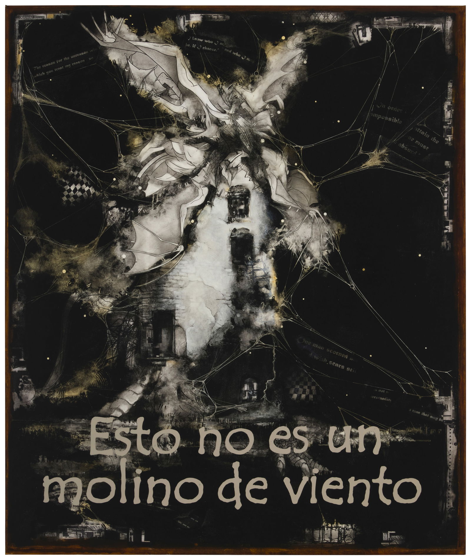 Babak Emanuel (b. 1966), "Esto no es un molino de viento (This is Not a Windmill)," 2023: Babak Emanuel(b. 1966)"Esto no es un molino de viento (This is Not a Windmill)," 2023Ink, paraffin, graphite, and collage on canvasSigned, titled in English, and dated, all verso: Babak Emanuel / This