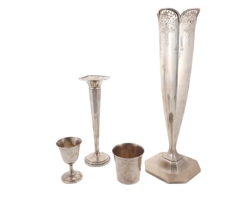 Three sterling silver trophies and a vase