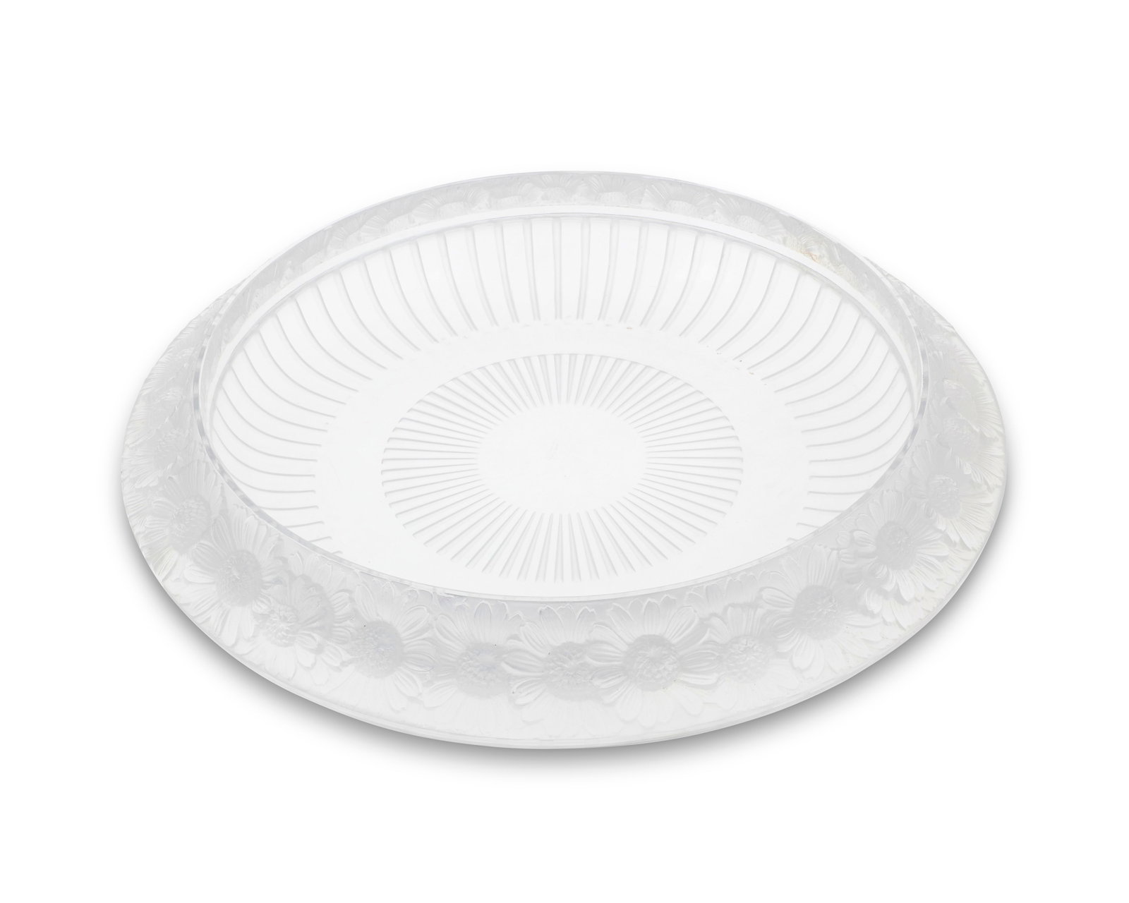 A Lalique glass 'Marguerites' bowl: A Lalique glass 'Marguerites' bowl Mid-20th century Designed 1941 by Rene Lalique (1860-1945) Etched to underside: Lalique / France [1945-1978] The molded frosted and clear glass bowl depicting daisie