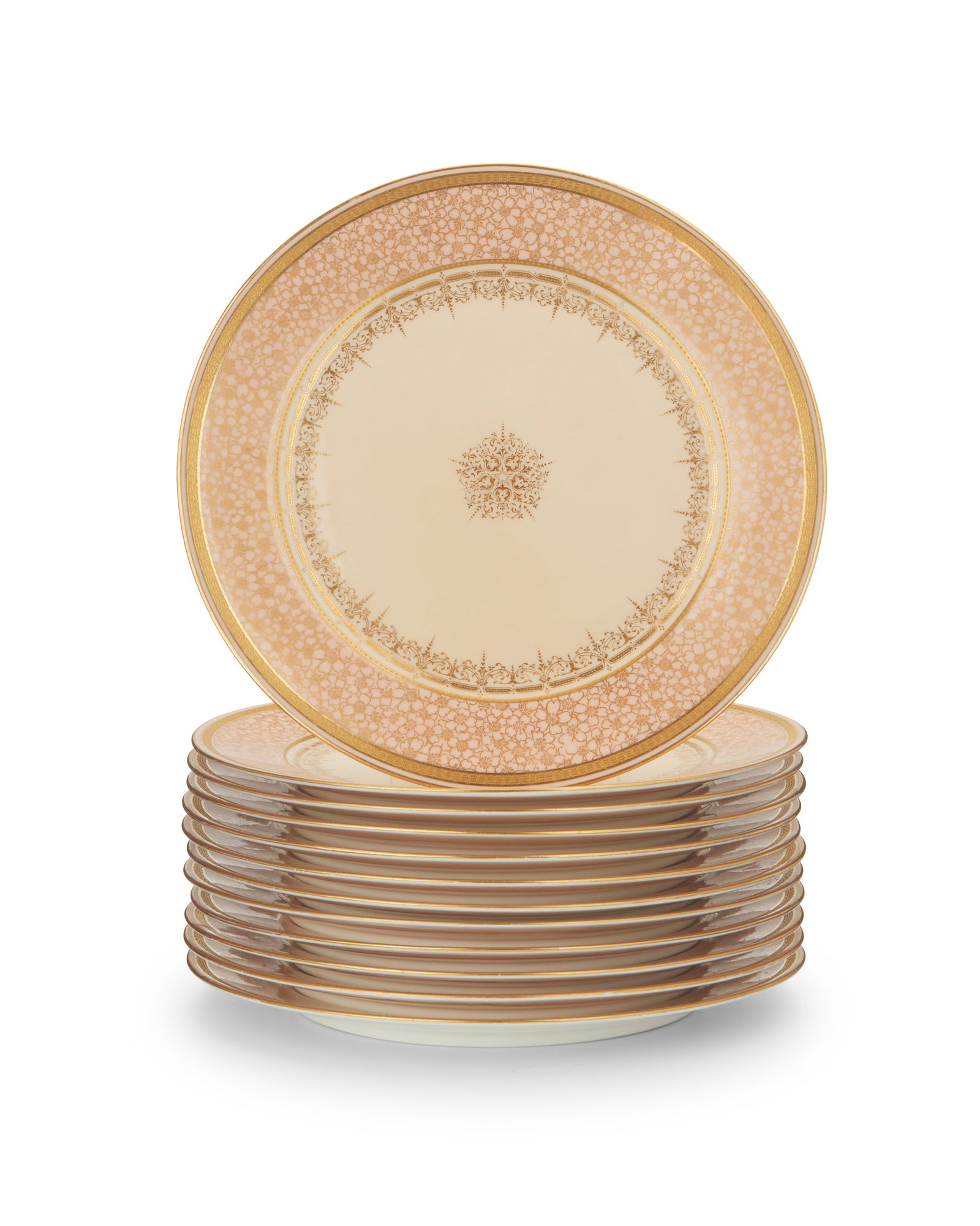 A set of twelve Cauldon porcelain dinner plates: A set of twelve Cauldon porcelain dinner platesLate 19th century, retailed by Davis CollamoreEach marked verso: Cauldon Ware / T.C. Brown Westhead Moore & Co. / Staffordshire / England / Davis Collamo