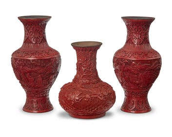 Three Chinese cinnabar-style vases