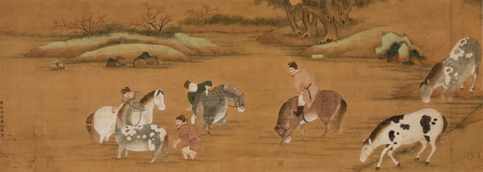 A Chinese Yuan-style landscape painting with horses and grooms, Qing Dynasty, Early 20th century