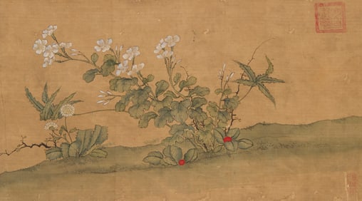A Chinese painting reproduction with white blossom flowers and foliage in a landscape, 19th/20th