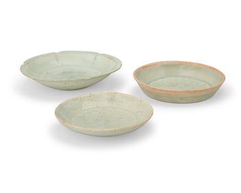 Three East Asian celadon ceramic dishes