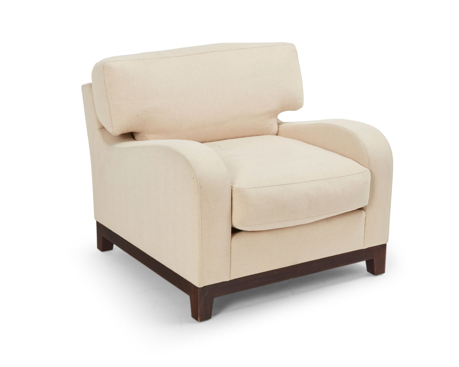 A Contemporary upholstered armchair: A Contemporary upholstered armchairLate 20th/early 21st centuryUnmarkedThe chair with textured cotton fabric upholstery on a wood frame34" H x 36" W x 43" D