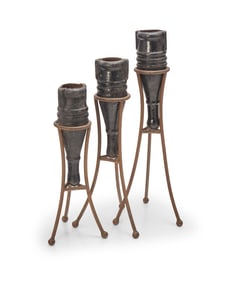 Three enameled metal vessels