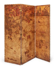 An Arts & Crafts tooled leather three-panel screen