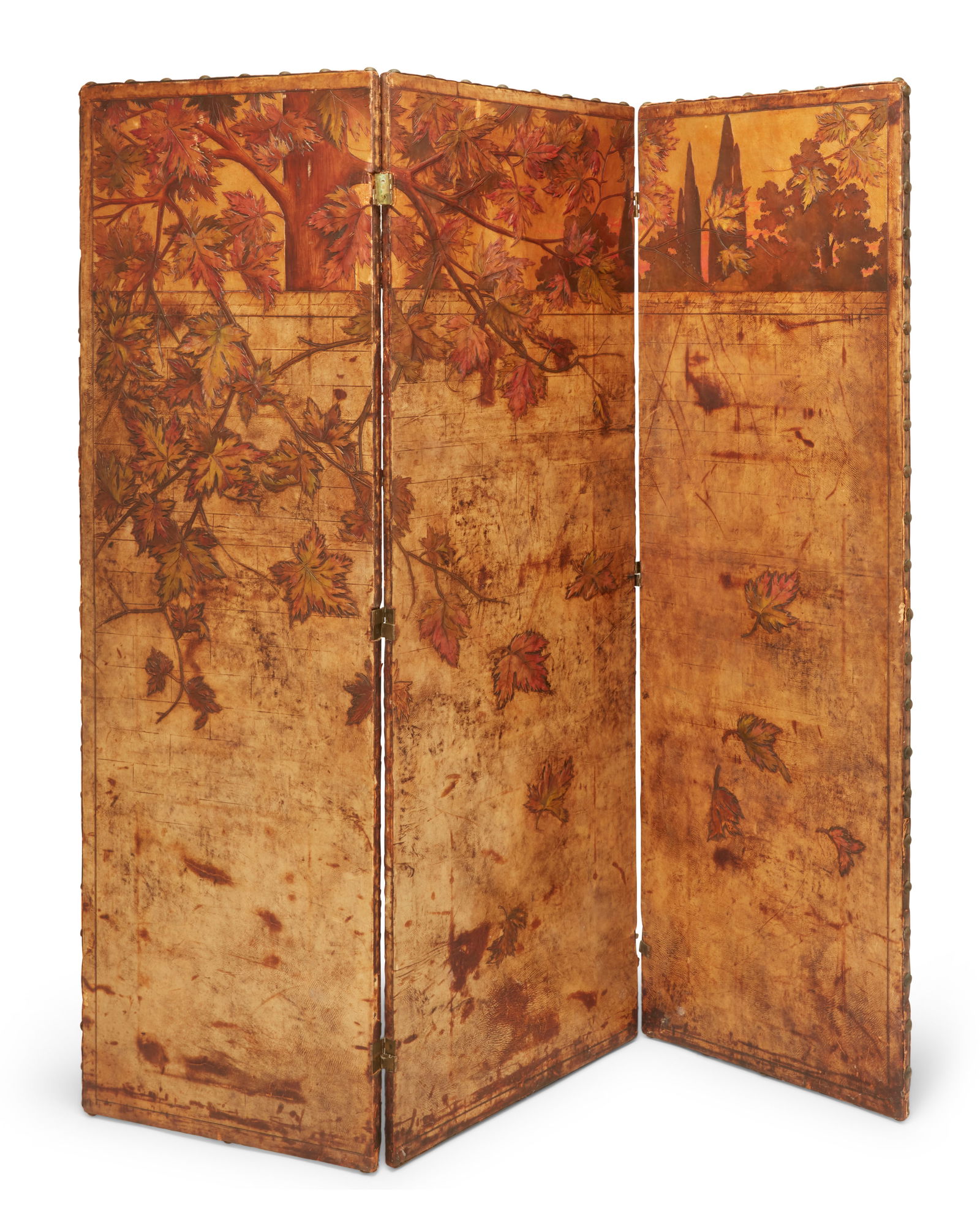 An Arts & Crafts tooled leather three-panel screen (1 of 10)