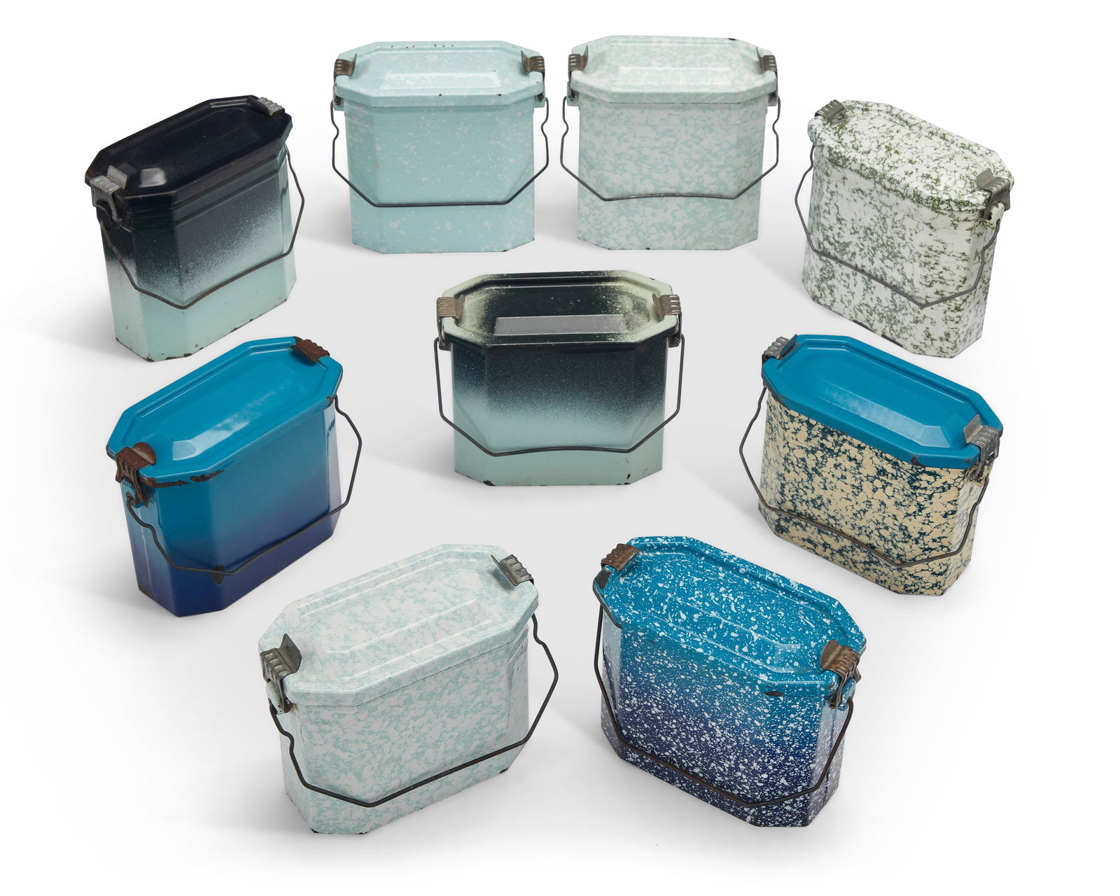 A group of French graniteware lunch pails (1 of 3)