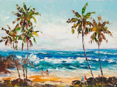 Hajime Okuda (1906-1992), Hawaiian cove with palm trees and figures