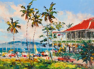 Hajime Okuda (1906-1992), Hawaiian waterfront city scene, 1973