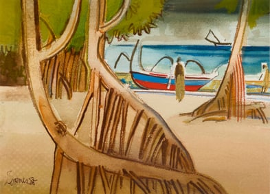 Milford Zornes (1908-2008), Beach scene with figure and boat, 1986