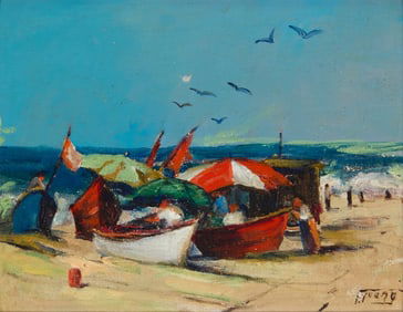 Florence Young (1872-1974), Dories on the beach (Newport Beach Pier)