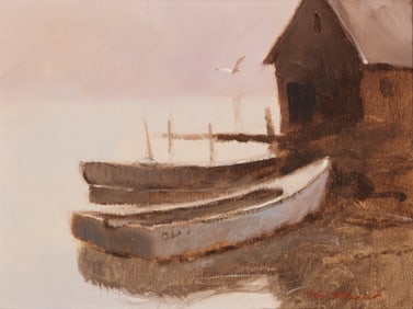 Jerry Von Megert (1938-2024), Two boats docked at the lake