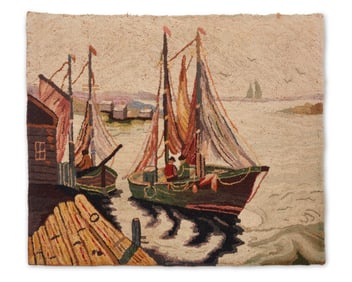 A New England harbor scene needlework panel