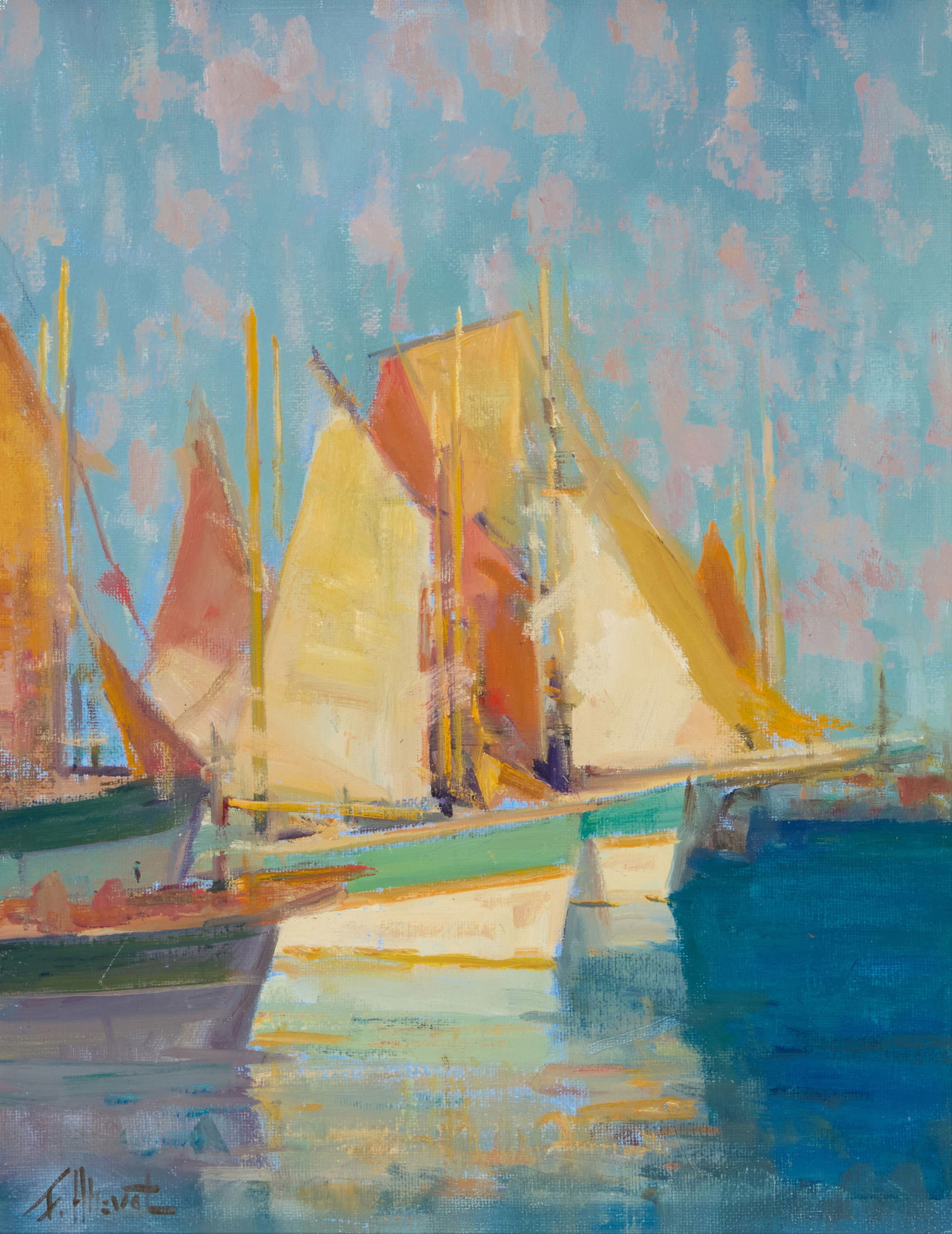 Felice Hrovat (20th Century), Red and yellow sails in a harbor: Felice Hrovat(20th Century)Red and yellow sails in a harborOil on canvasSigned lower left: F. Hrovat14" H x 11" W