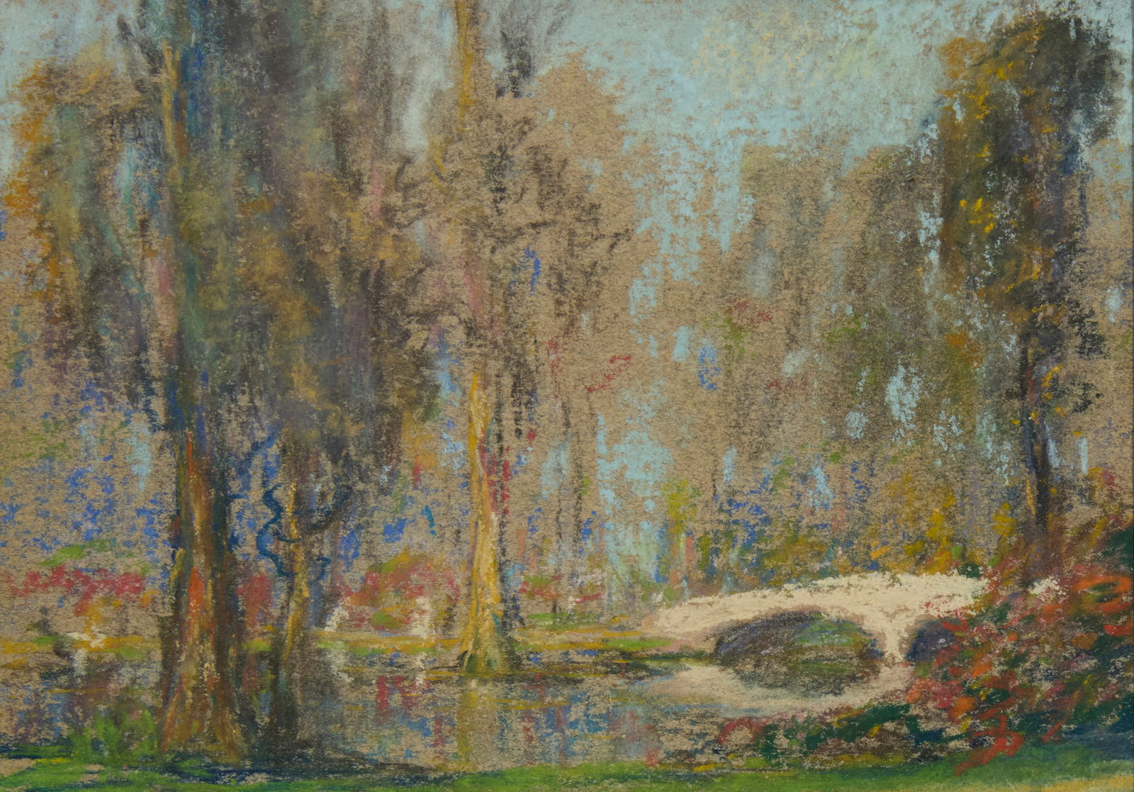 In the style of William Posey Silva (1859-1948), Landscape with footbridge: In the style of William Posey Silva(1859-1948)Landscape with footbridgePastel on paperboardUnsigned5" H x 7" W