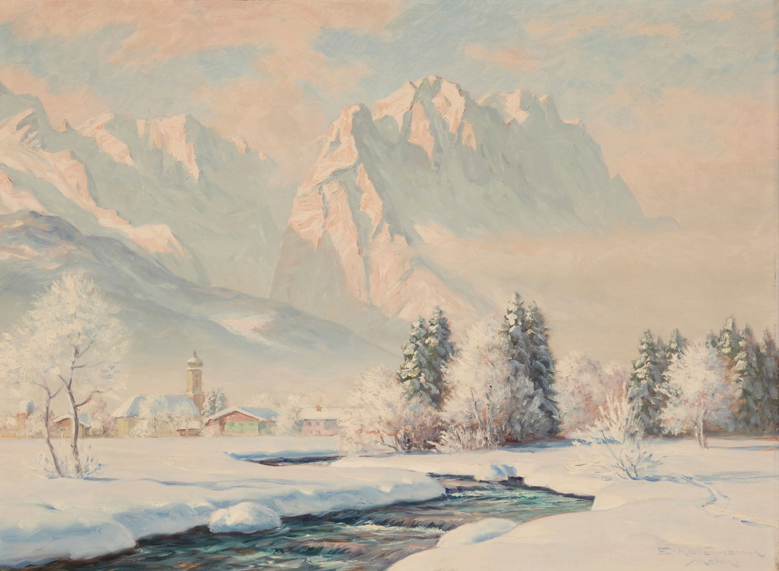 Erwin Kettemann (1897-1971), Winter landscape: Erwin Kettemann(1897-1971)Winter landscapeOil on canvasSigned and inscribed lower right: E. Kettemann / Mchn; inscribed in German on the stretcher23.75" H x 31.625" W