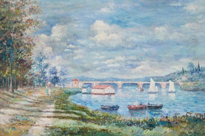 John Clymer (b. 1932), Path along a French river with boats and a bridge