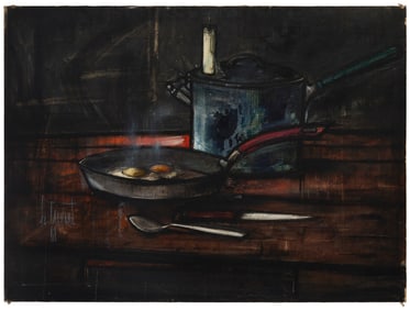 Regis de Bouvier de Cachard (1929-2013), Still life with a frying pan and eggs, 1961