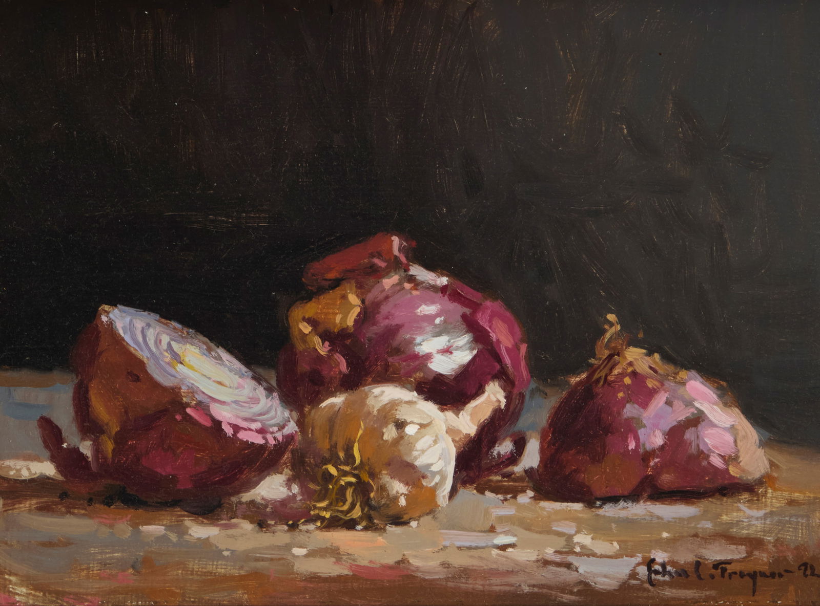 John C. Traynor (b. 1961), "Red Onions and Garlic," 1992: John C. Traynor(b. 1961)"Red Onions and Garlic," 1992Oil on boardSigned and dated lower right: John C. Traynor 92; titled by repute9" H x 11.75" W