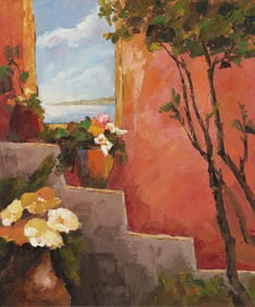 Kit Shing (b. 1959), View of a shore through an adobe window