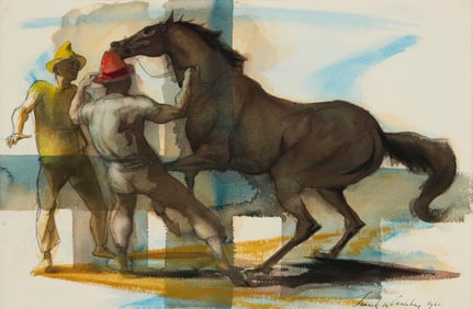 Frank Nelson Ashley (1920-2007), "Two Exercise Boys and Frisky Horse," 1962