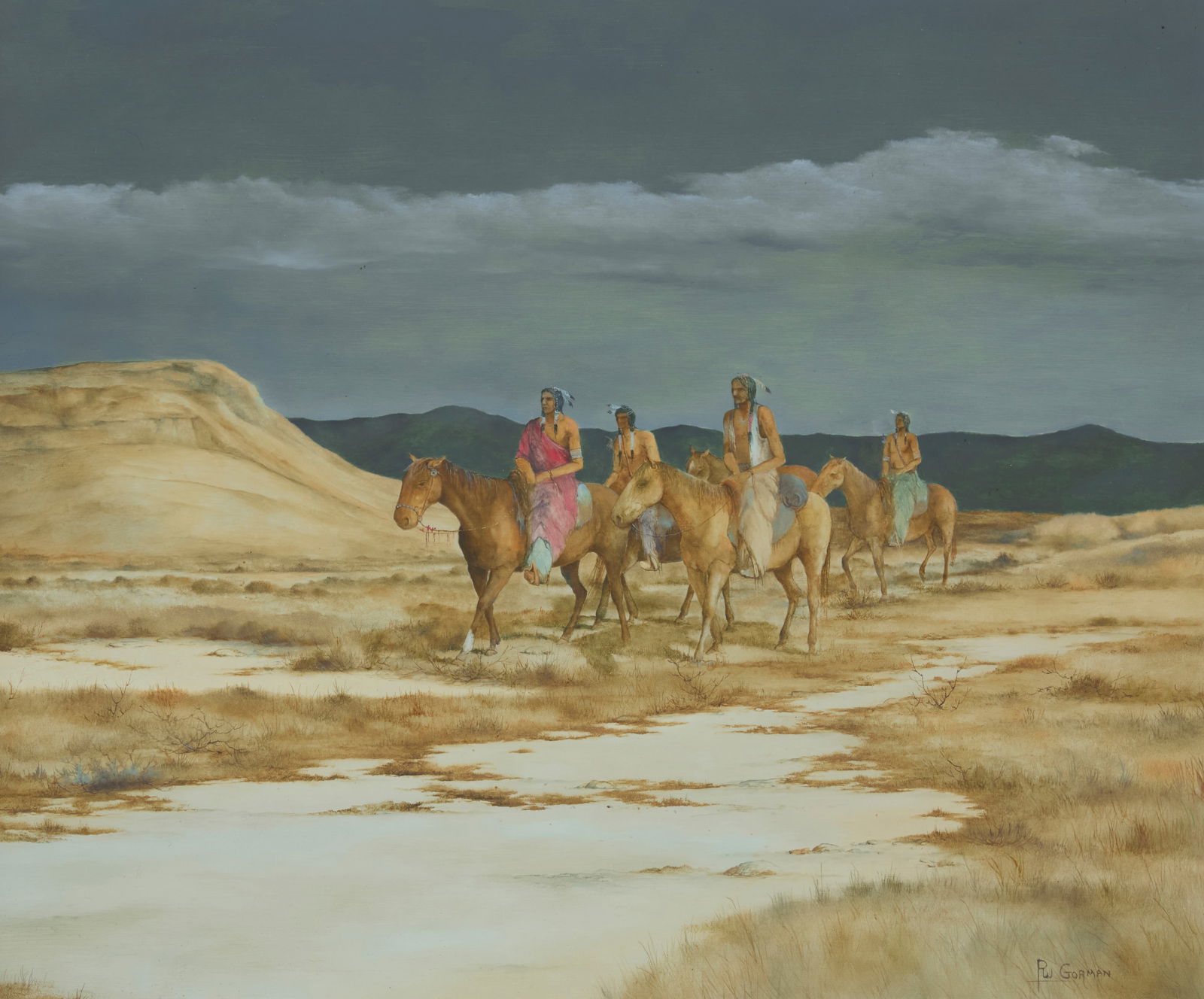 Patrick Wayne Gorman (1929-2017), "Night Riders": Patrick Wayne Gorman(1929-2017)"Night Riders"Oil on MasoniteSigned lower right: P.W. Gorman; signed again and titled, verso20" H x 24" W