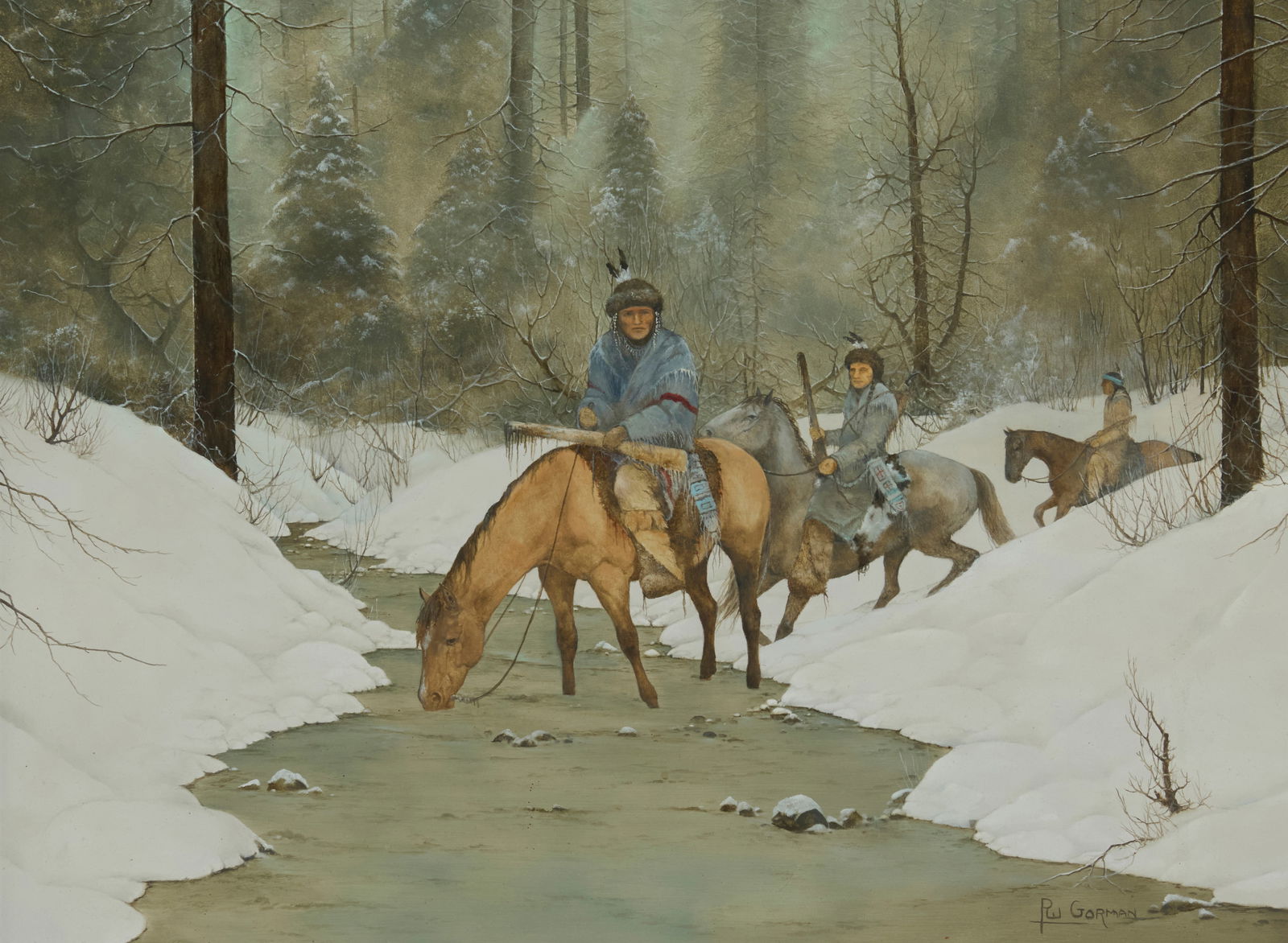 Patrick Wayne Gorman (1929-2017), "Hunting Party on the Sact Creek," 1982: Patrick Wayne Gorman(1929-2017)"Hunting Party on the Sact Creek," 1982Oil on MasoniteSigned lower right: P.W. Gorman; signed again, titled, and dated "82," all verso18" H x 24" W
