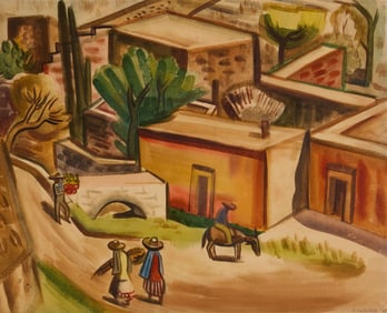 Emily Syminton (1916-2002), Village scene with figures, 1945