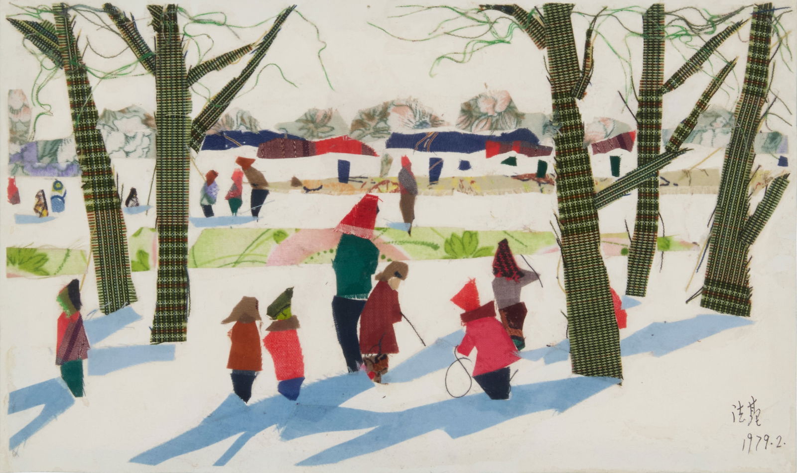 Hang Faji (b. 1946), "Spring," 1979: Hang Faji(b. 1946)"Spring," 1979Fabric collage on paper mounted to light green paperSigned in Chinese and dated in ink, lower right: 1979?2?; titled on a label, and inscribed with various numeric nota