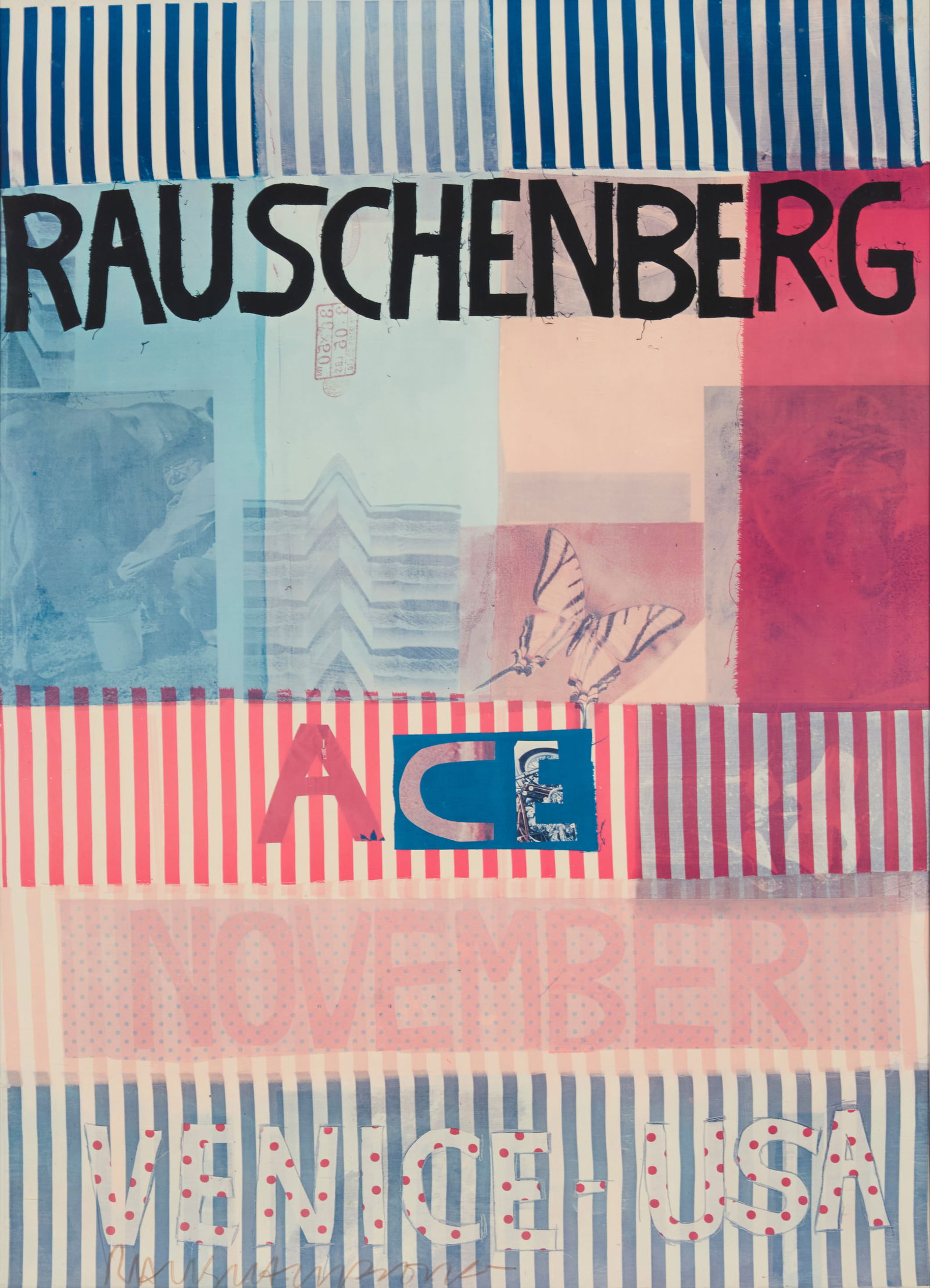After Robert Rauschenberg , "Rauschenberg / Ace / November / Venice USA" exhibition poster, 1977: After Robert Rauschenberg"Rauschenberg / Ace / November / Venice USA" exhibition poster, 1977Offset lithograph in colors on paperFrom the edition of unknown sizeSigned in red marker along the lower ed