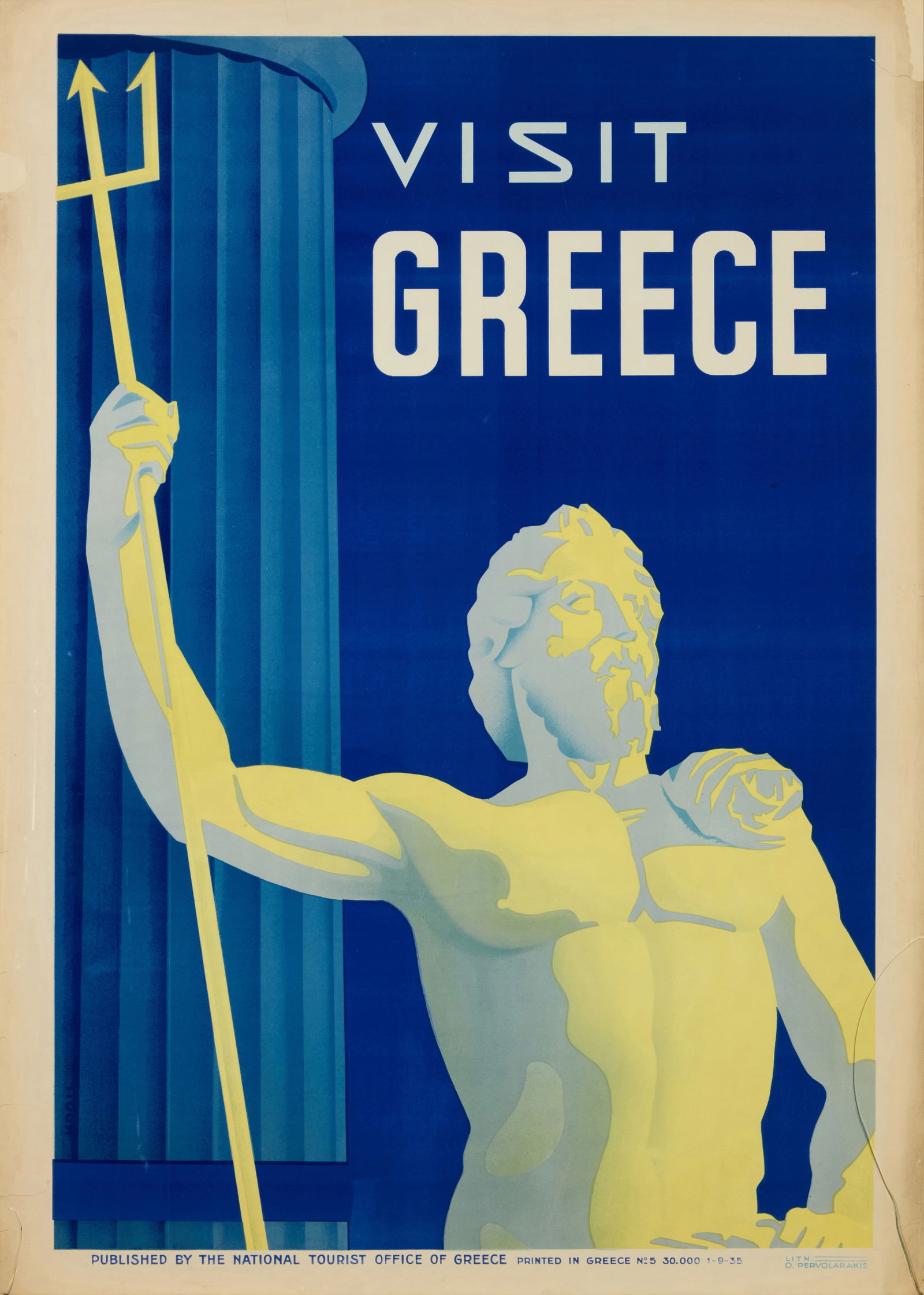 Othon Pervolarakis (1887-1974), "Visit Greece," 1935: Othon Pervolarakis(1887-1974)"Visit Greece," 1935Lithograph in colors on paperFrom the edition of unknown sizeWith the printed name of the artist and publisher, 1-9-35 date, and text: "Printed in Gree