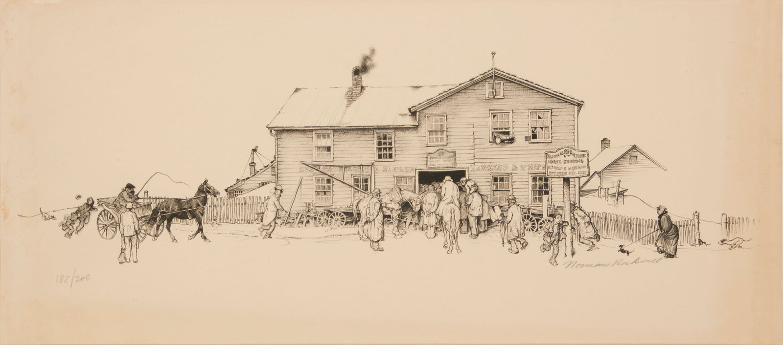 Norman Rockwell (1894-1978), "Blacksmith Shop": Norman Rockwell(1894-1978)"Blacksmith Shop"Lithograph on paperEdition: 188/200Signed and numbered in pencil in the lower edge: Norman RockwellImage: 8" H x 27.5" W (approx.); Sight: 13" H x 29" W