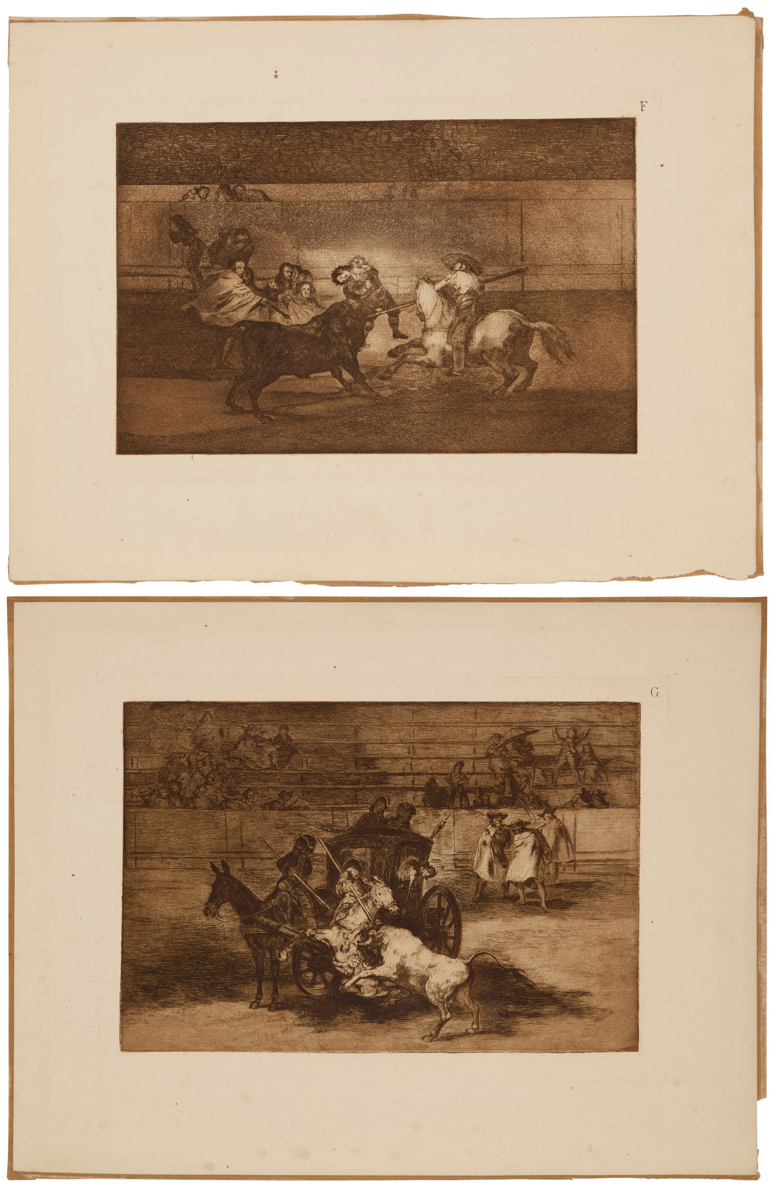 Francisco Goya (1746-1828), Two works: "Death of Pepe Illo," plate F; and "Funcion de mojiganga," (1 of 13)