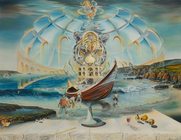 Dan Schilling (b. 1946), Surrealist painting with tiger and fishermen